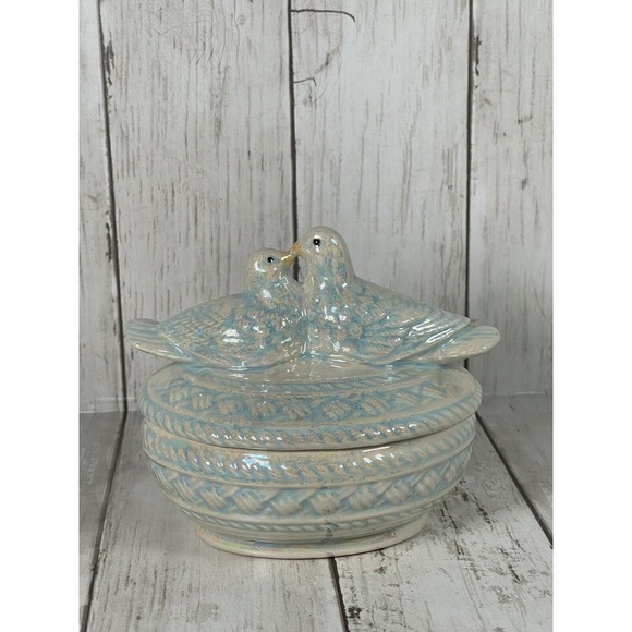 Vintage Love Birds Ceramic trinket dish with lid Handmade Blue - Picture 2 of 7